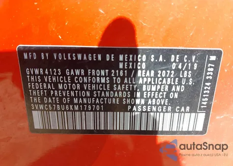 2019 Volkswagen Jetta 1.4T R-Line/1.4T S/1.4T Se z USA, uszkodzony, nr VIN 3VWC57BU6KM179701